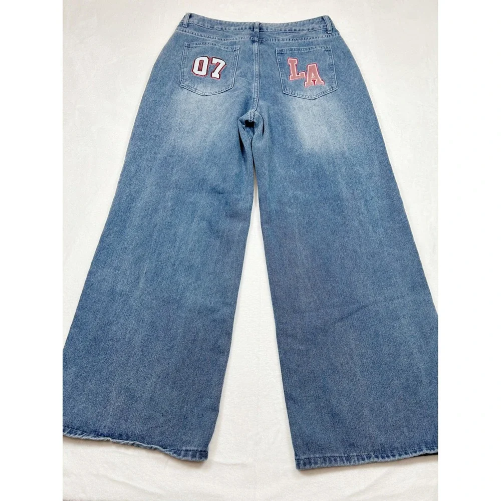 Riley & James Womens Wide Leg Jeans Medium Wash LA 07 Patch Denim Size L